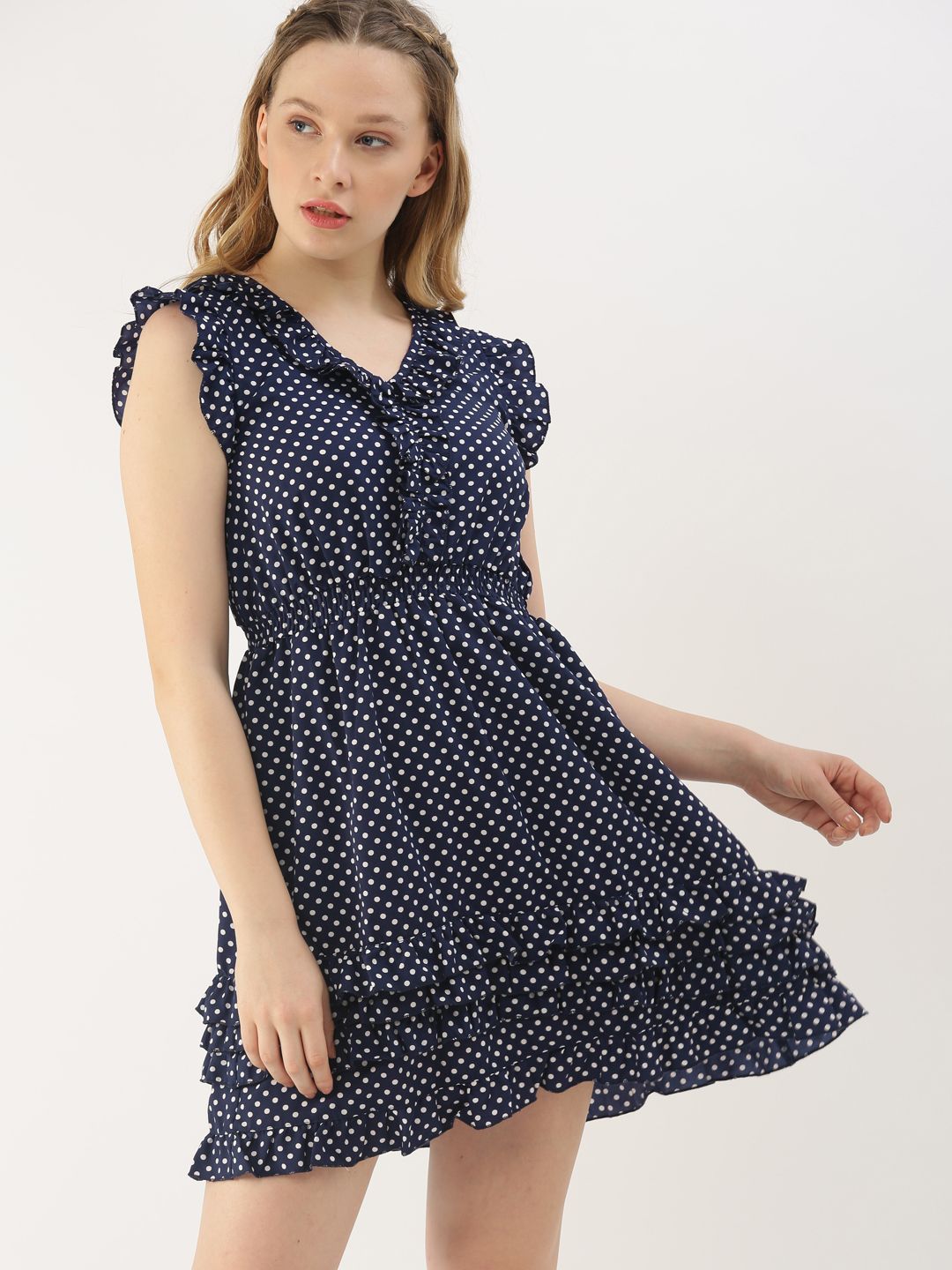 DressBerry Women Navy & White Printed Fit and Flare Dress