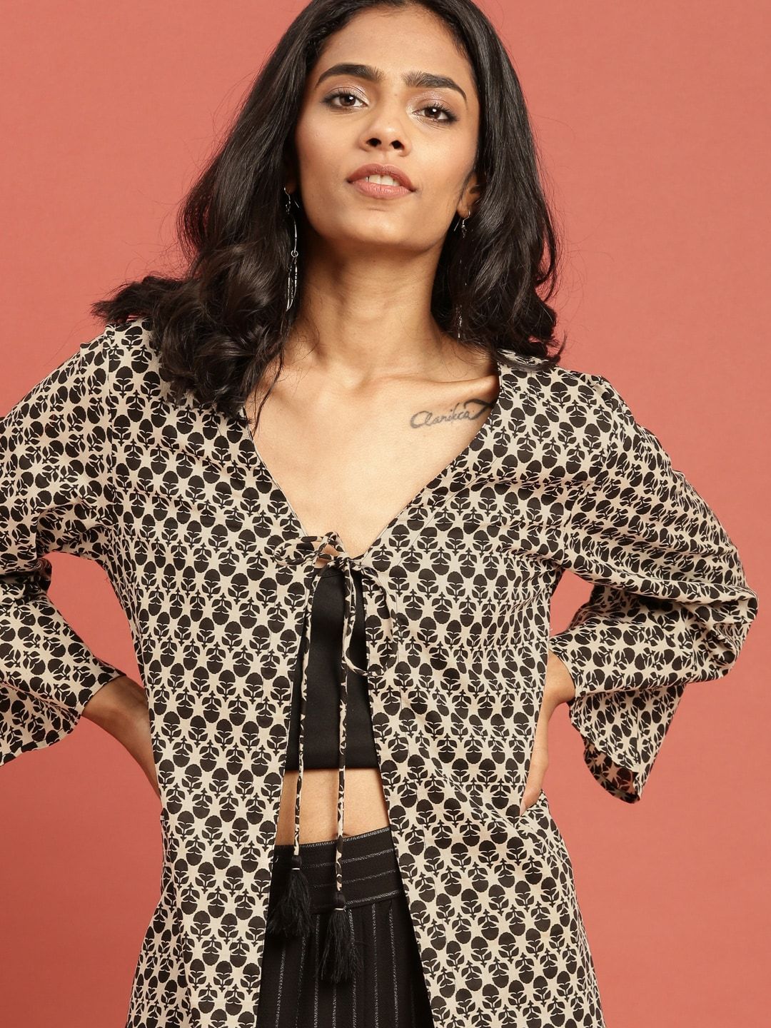 Taavi Women Beige & Black Bagru Hand Block Print Tie-Up Sustainable Shrug with Tassel Detailing