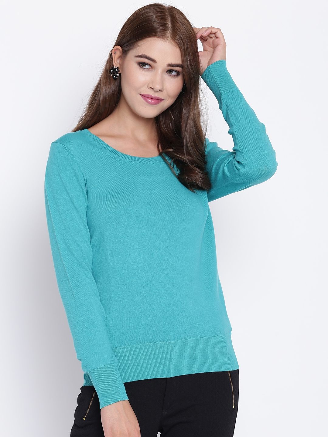 Madame Women Sea Green Solid Sweater