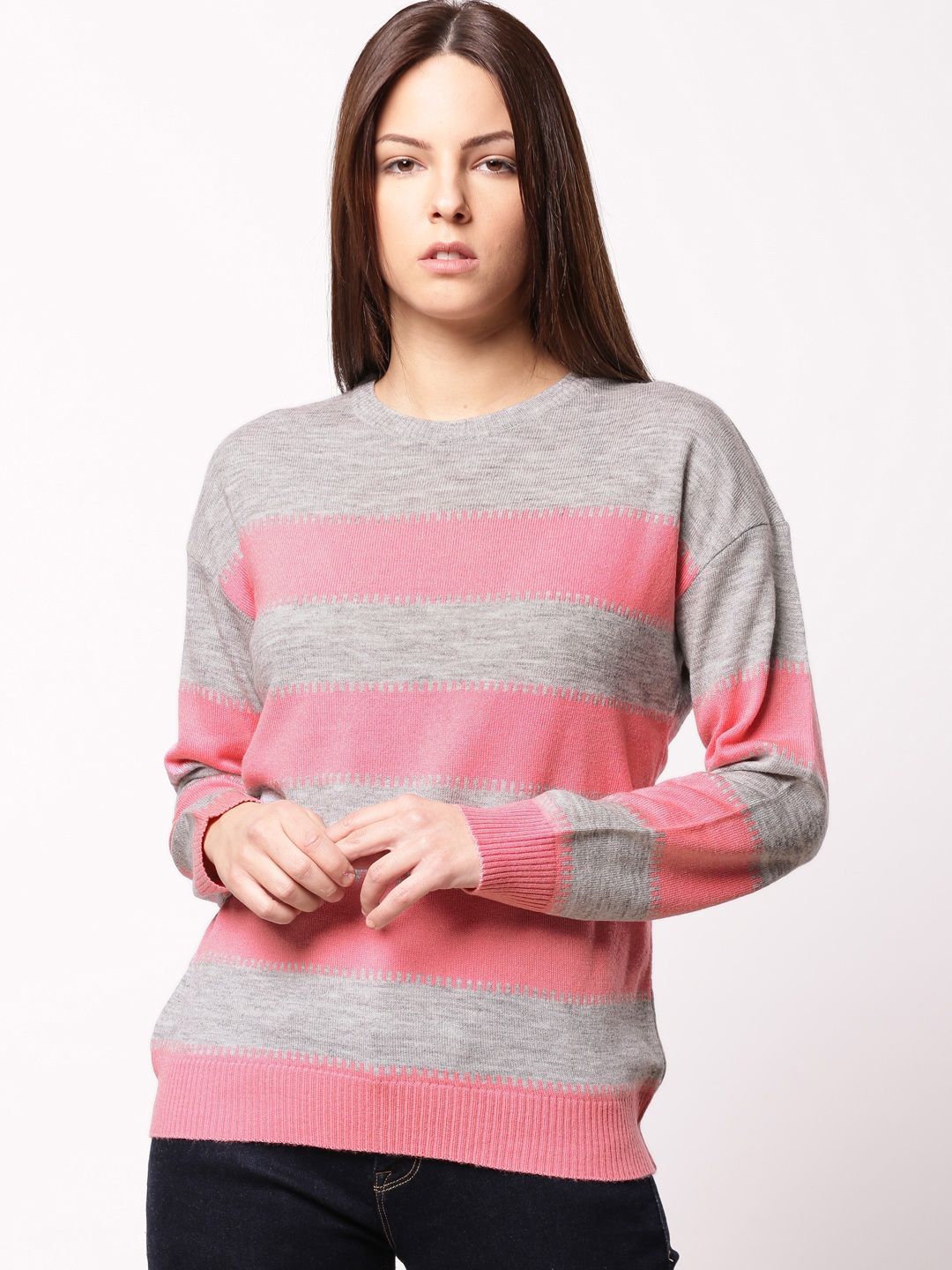ether Women Grey & Pink Striped Pullover