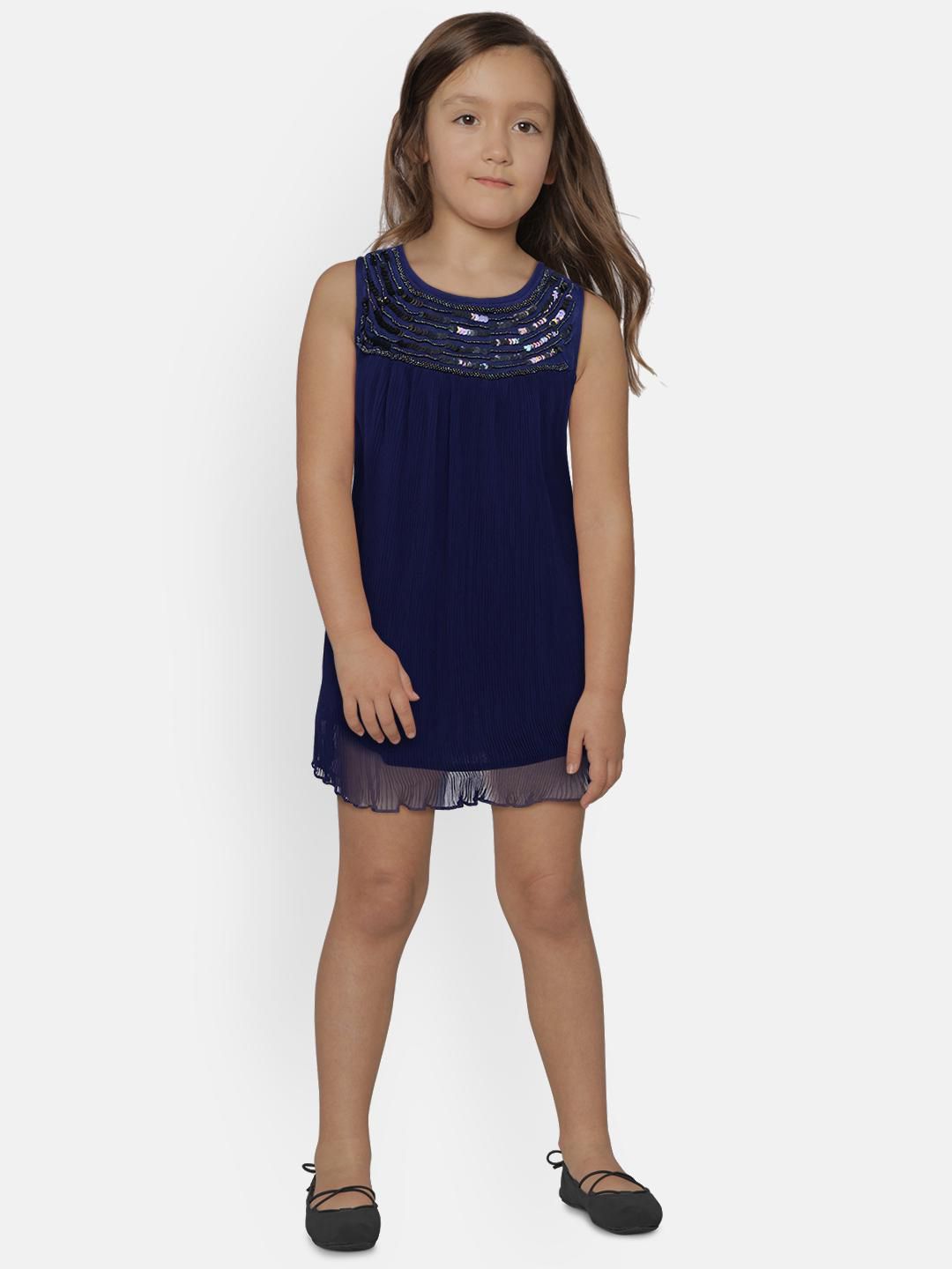 Mini Moi Girls Navy Blue Solid A-Line Dress