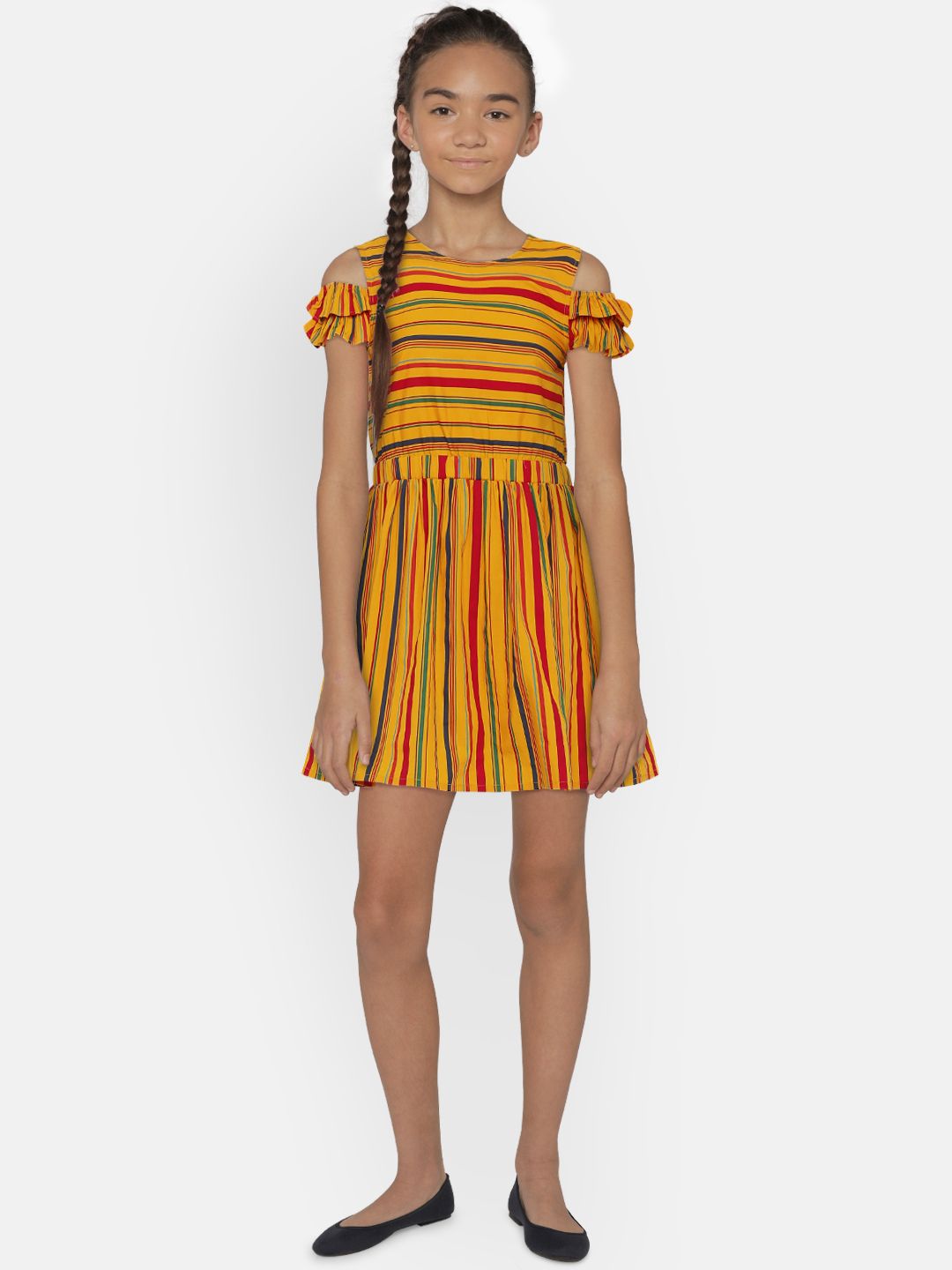 United Colors of Benetton Girls Mustard Yellow & Red Striped Fit and Flare Dress