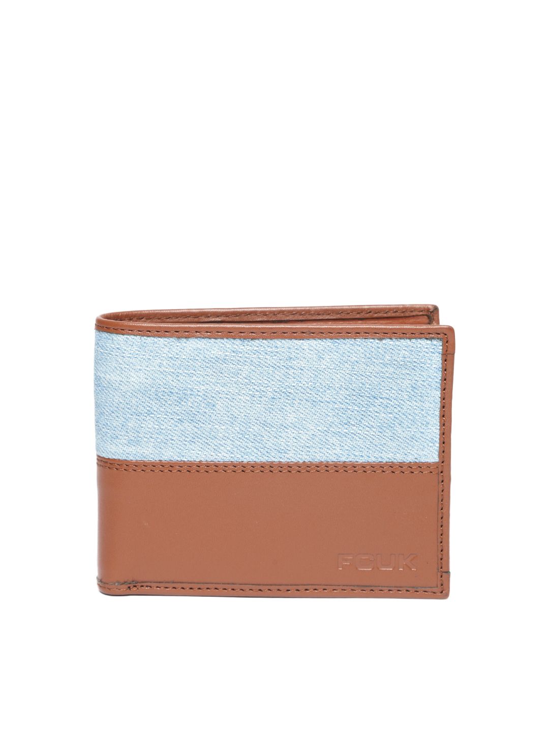 French Connection Men Blue & Brown Leather Colourblocked Two Fold Wallet