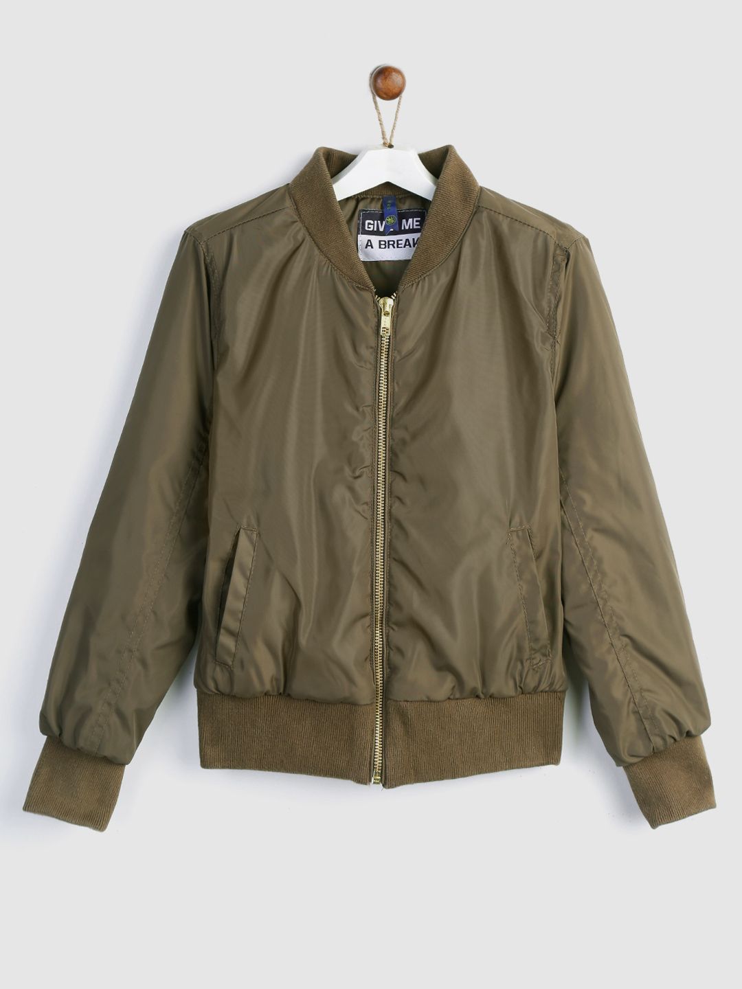 YK Girls Olive Green Solid Bomber Jacket