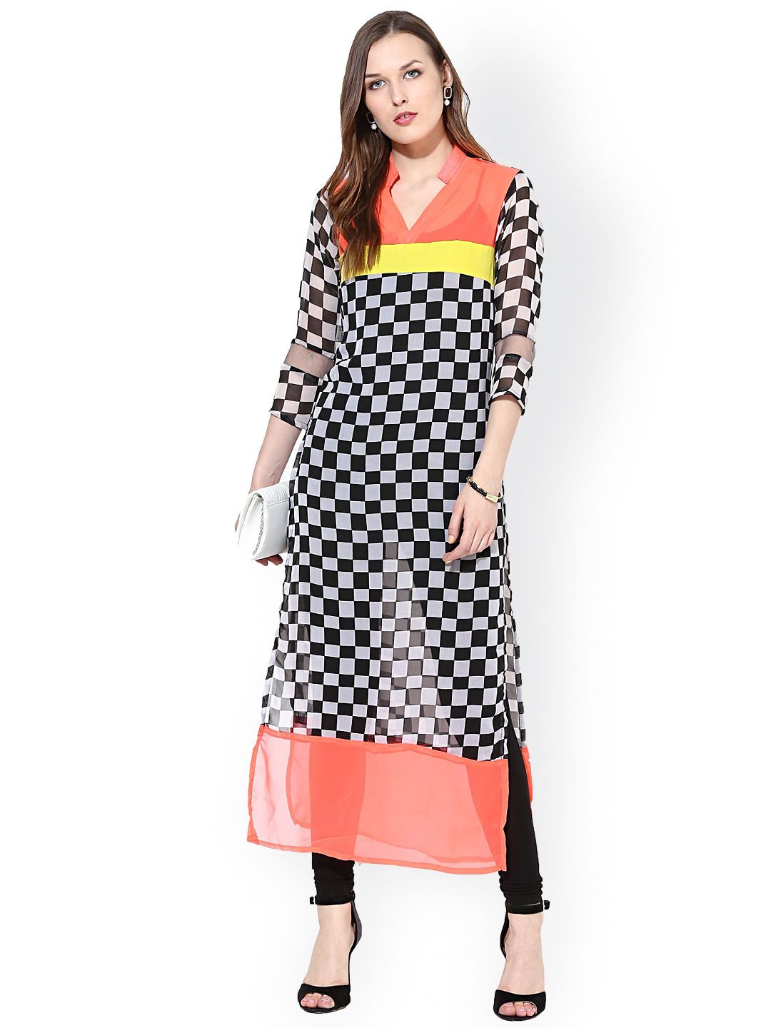 La Firangi Black & White Checked Polyester Georgette Kurta