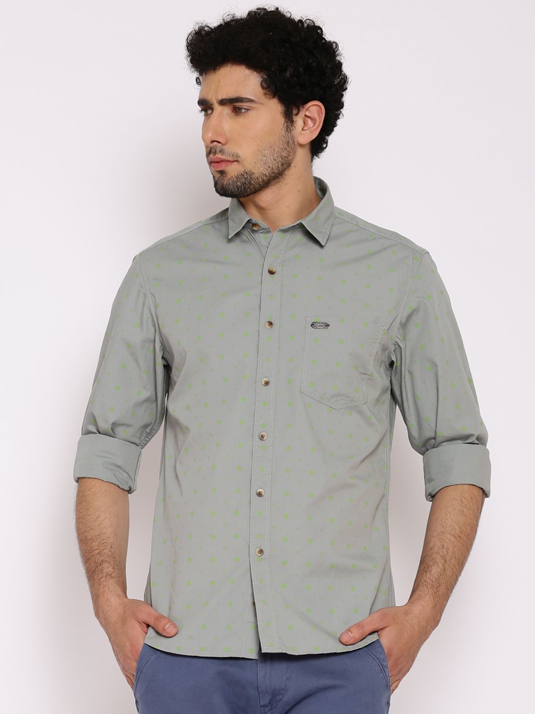 John Players Green Printed Trim Casual Shirt
