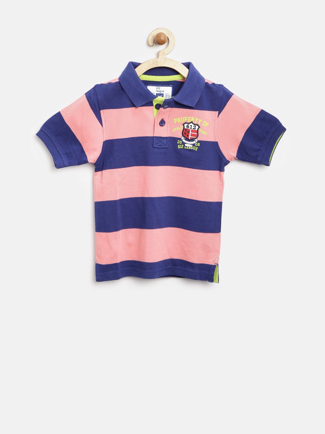 612 League Boys Peach-Coloured  Blue Striped Polo Pure Cotton T-shirt