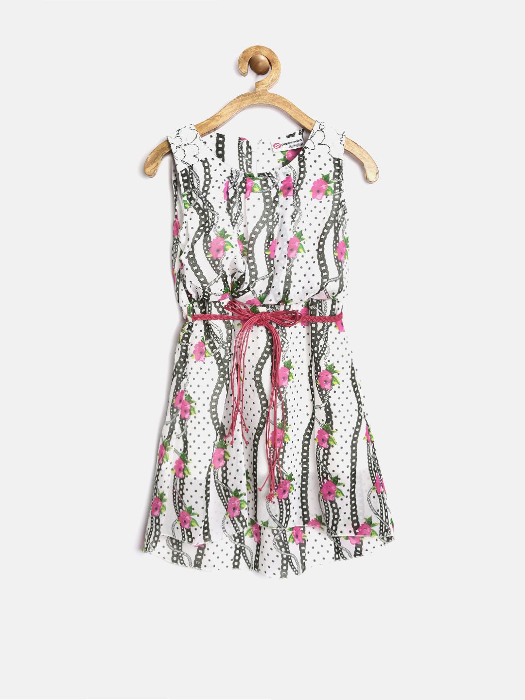 Peppermint Girls White & Pink Printed Fit And Flare Dress