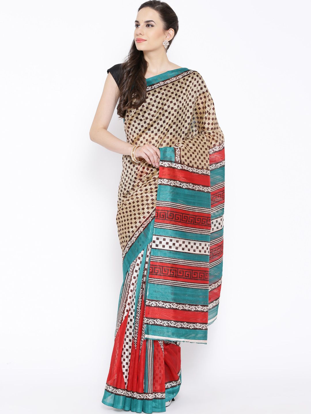 Aaboli Beige Cotton Printed Saree