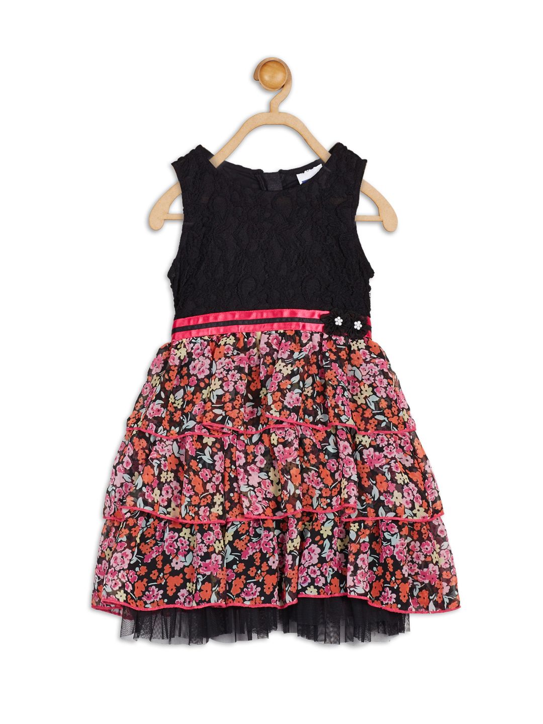 612 League Girls Black & Pink Floral Print Tiered Dress