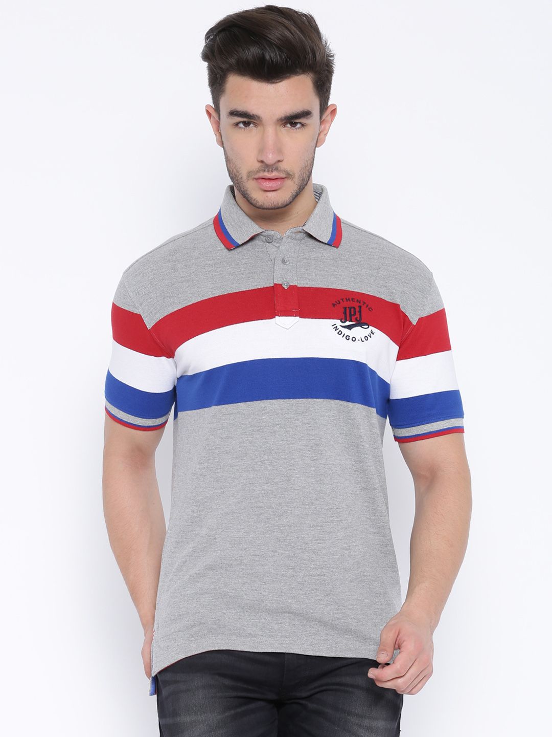 John Players Grey Melange Striped Slim Fit Polo T-shirt