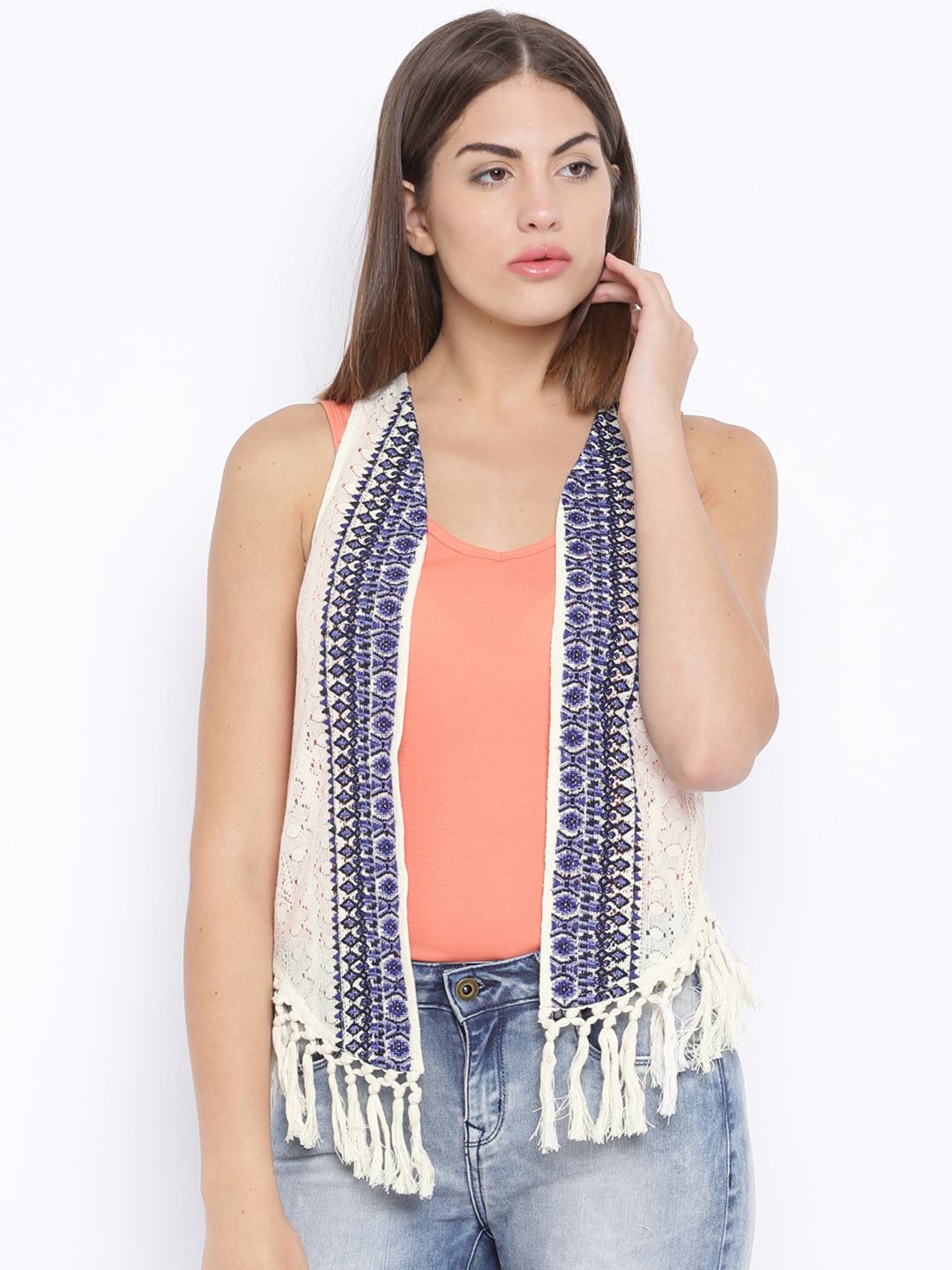 ONLY Women Off-White & Blue Embroidered Lace Shrug