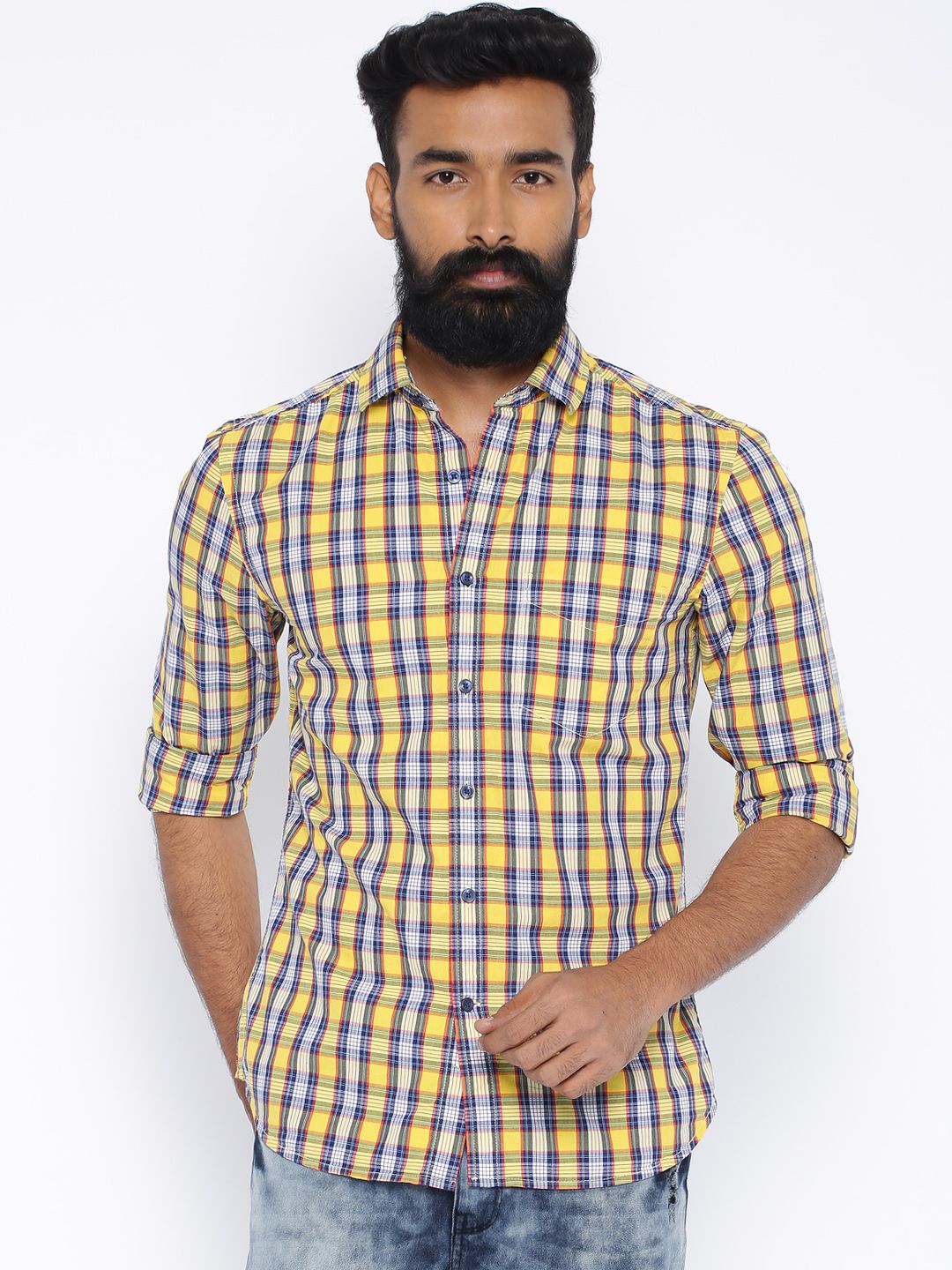 CODE by Lifestyle Men Yellow & White Checked Slim Fit Casual Shirt