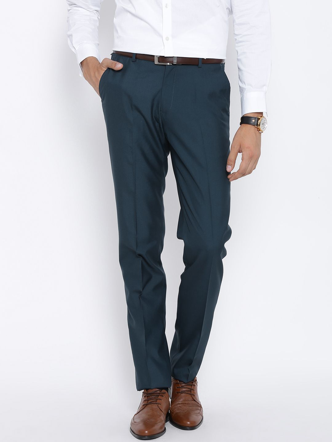 John Players Teal Blue Skinny Fit Formal Trousers