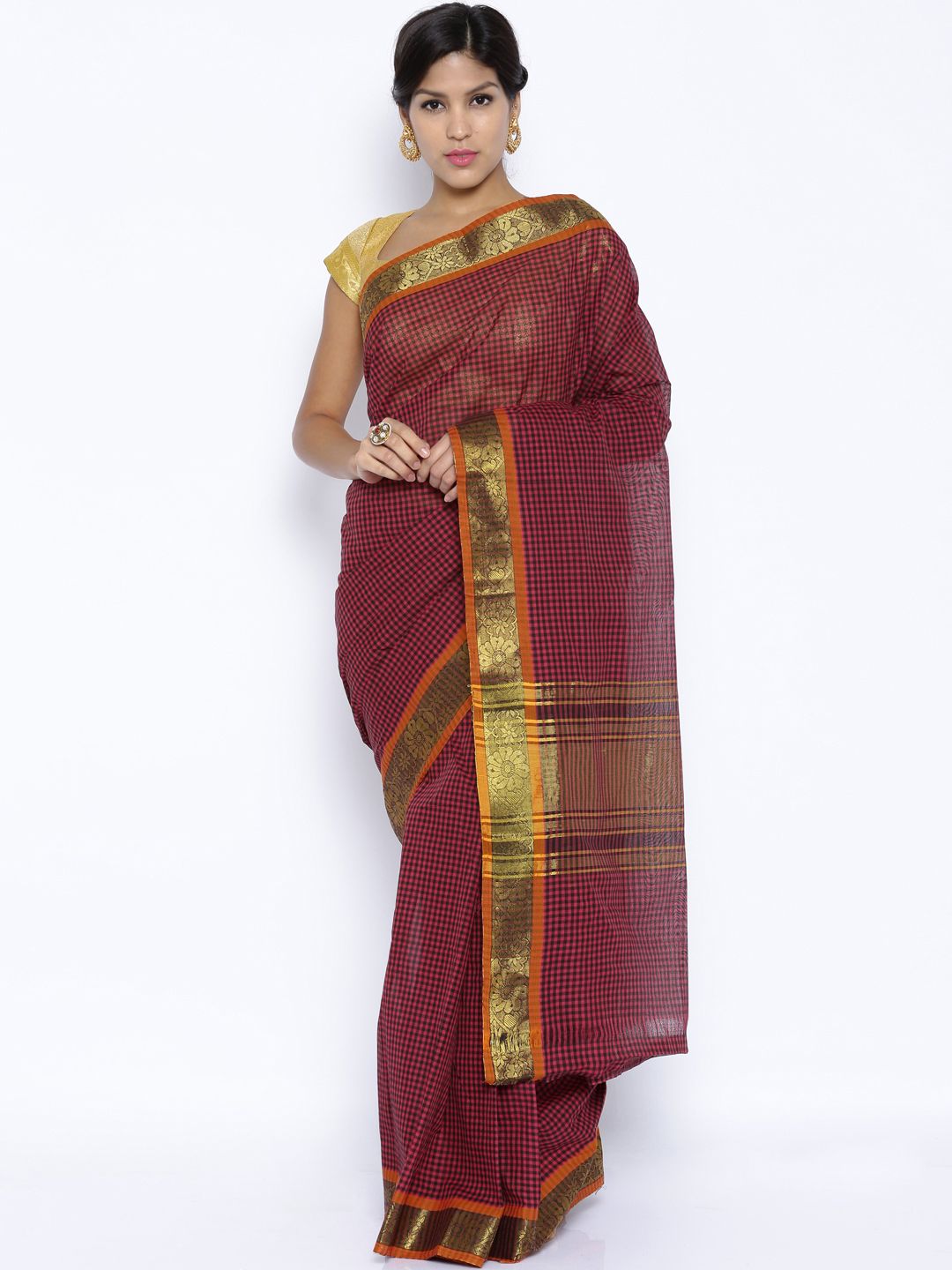 Platinum Pink & Black Checked Cotton Traditional Saree