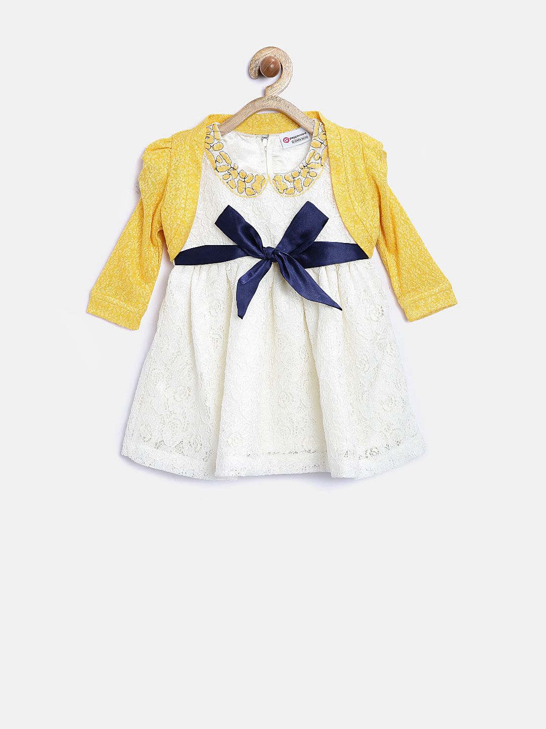 Peppermint Girls Off-White & Yellow Lace Fit & Flare Dress with Shrug