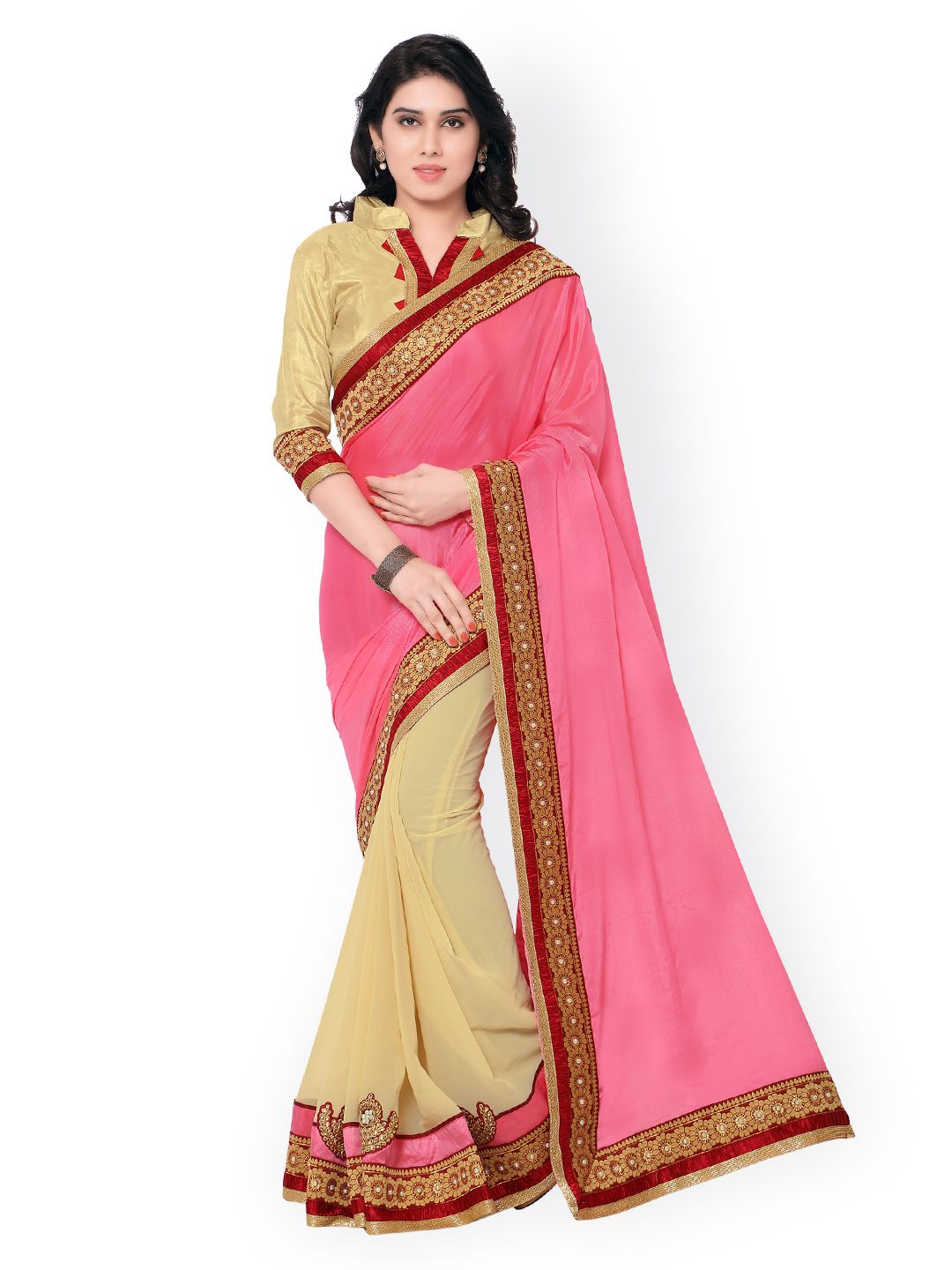 Indian Women Pink & Beige Chinon & Georgette Embellished Saree