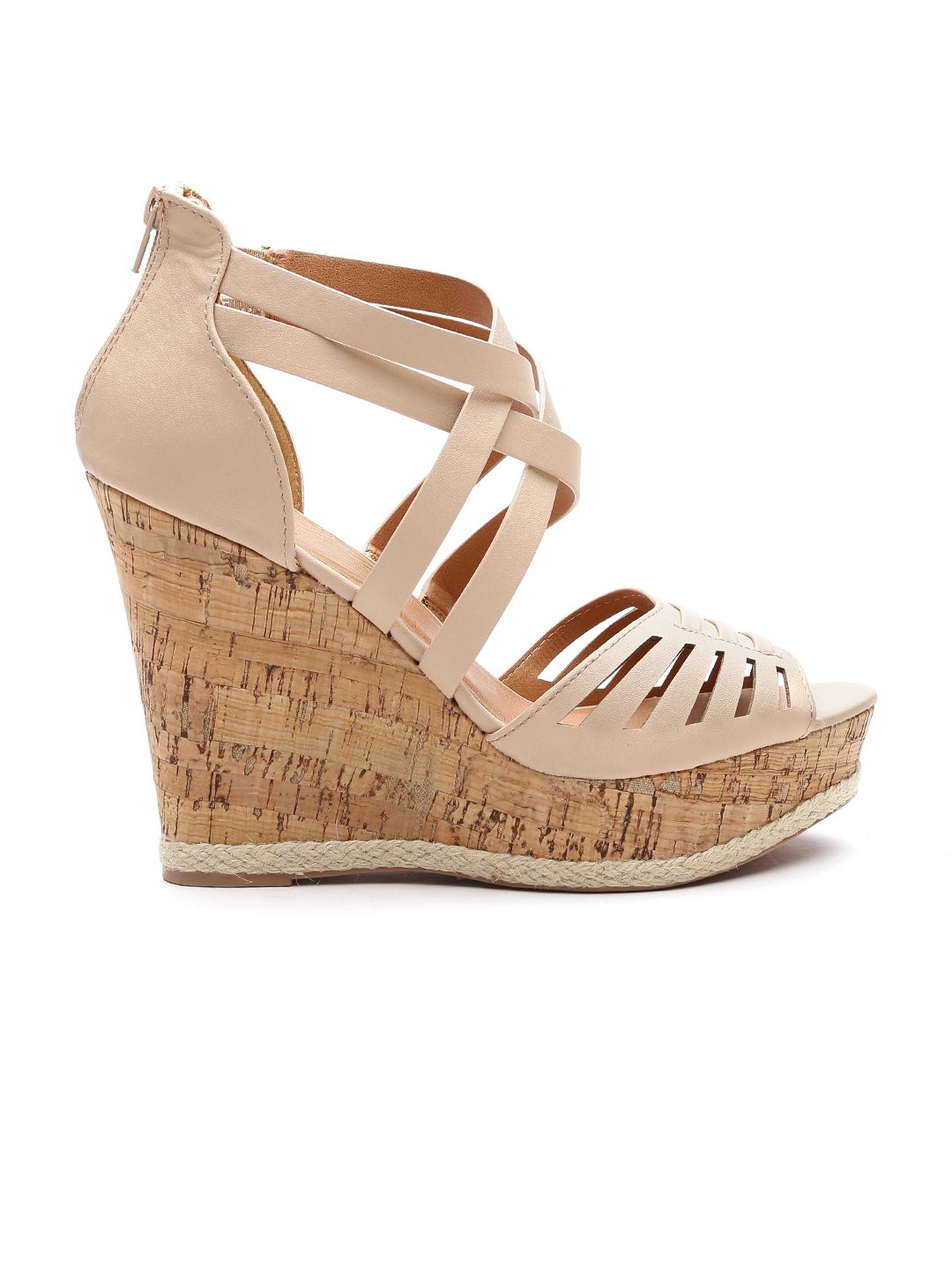 Qupid Women Beige Strappy Cut-Out Textured Wedges