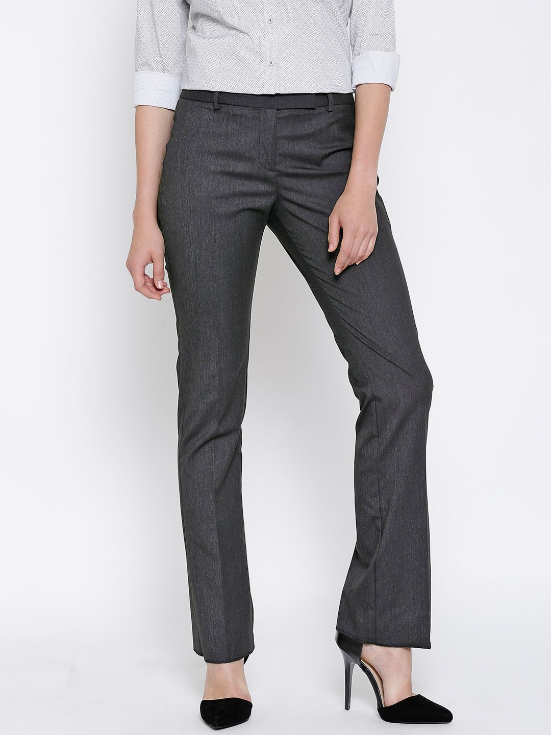 Annabelle by Pantaloons Grey Self-Striped Bootcut Fit Formal Trousers