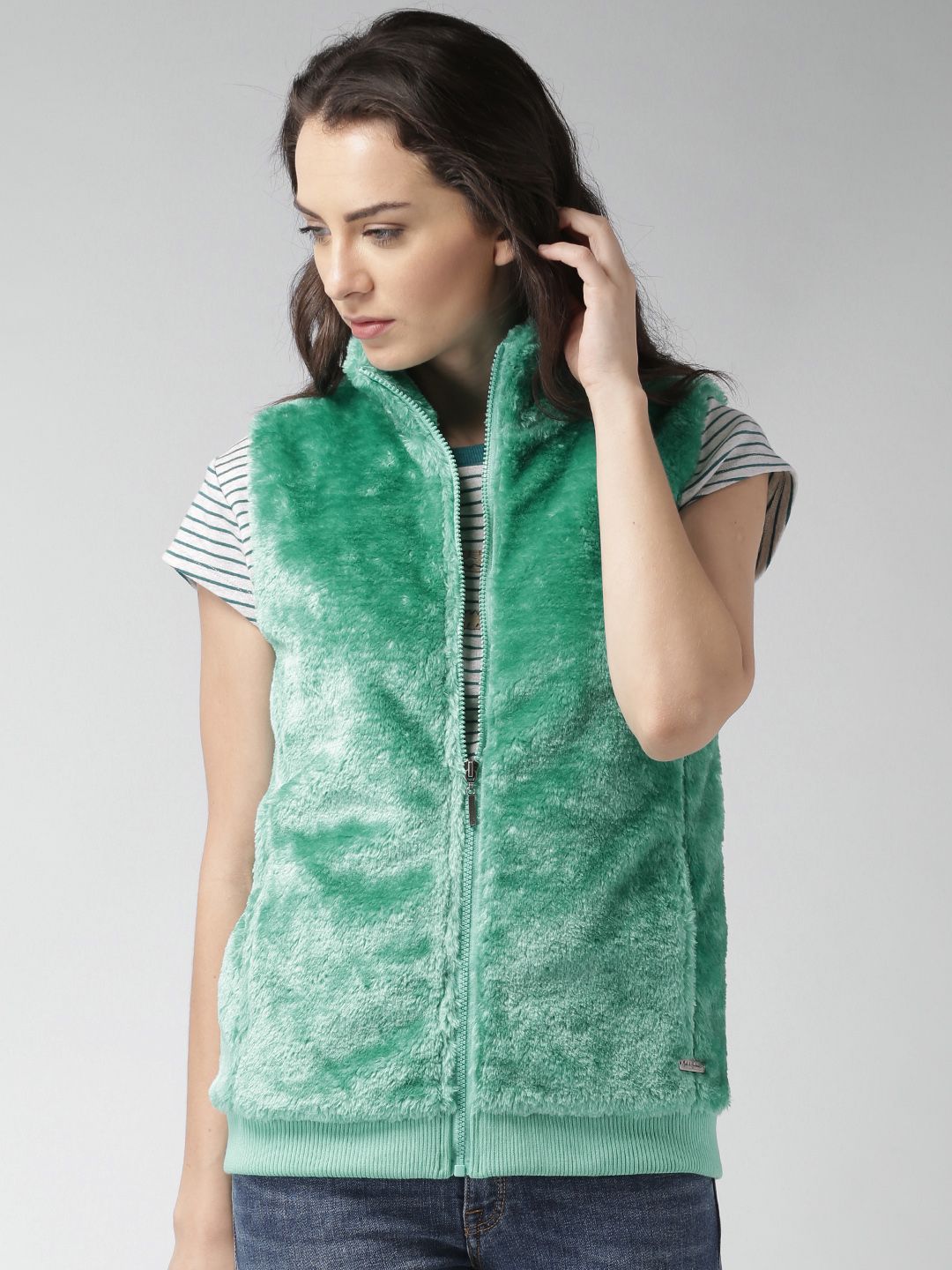 Mast & Harbour Sea Green Faux-Fur Sleeveless Jacket