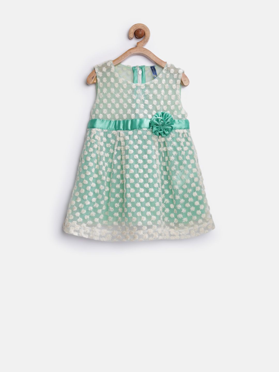 YK Infant Girls Off-White Embroidered Net Fit & Flare Dress