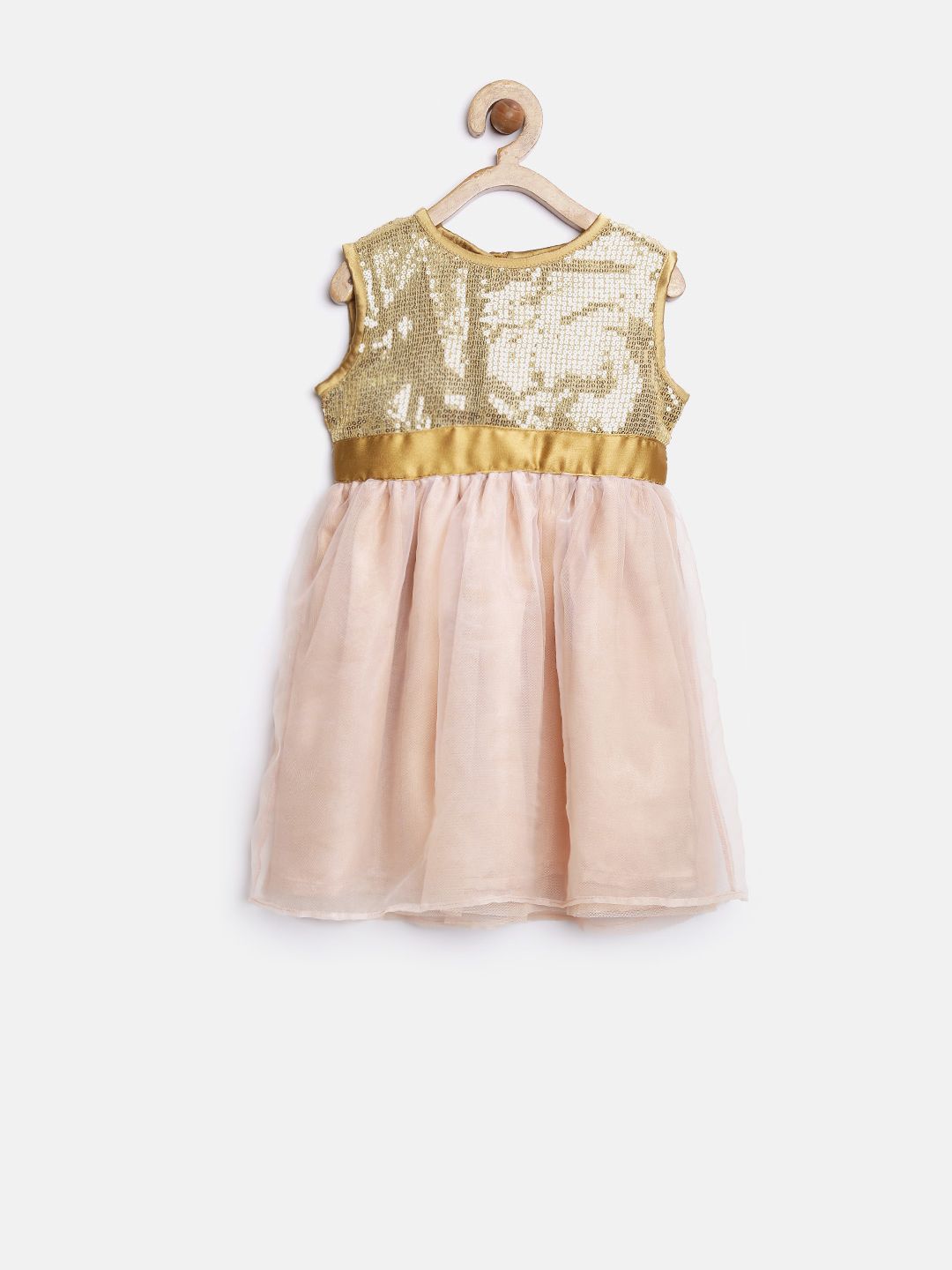 YK Girls Nude-Coloured Sequinned Net Fit & Flare Dress