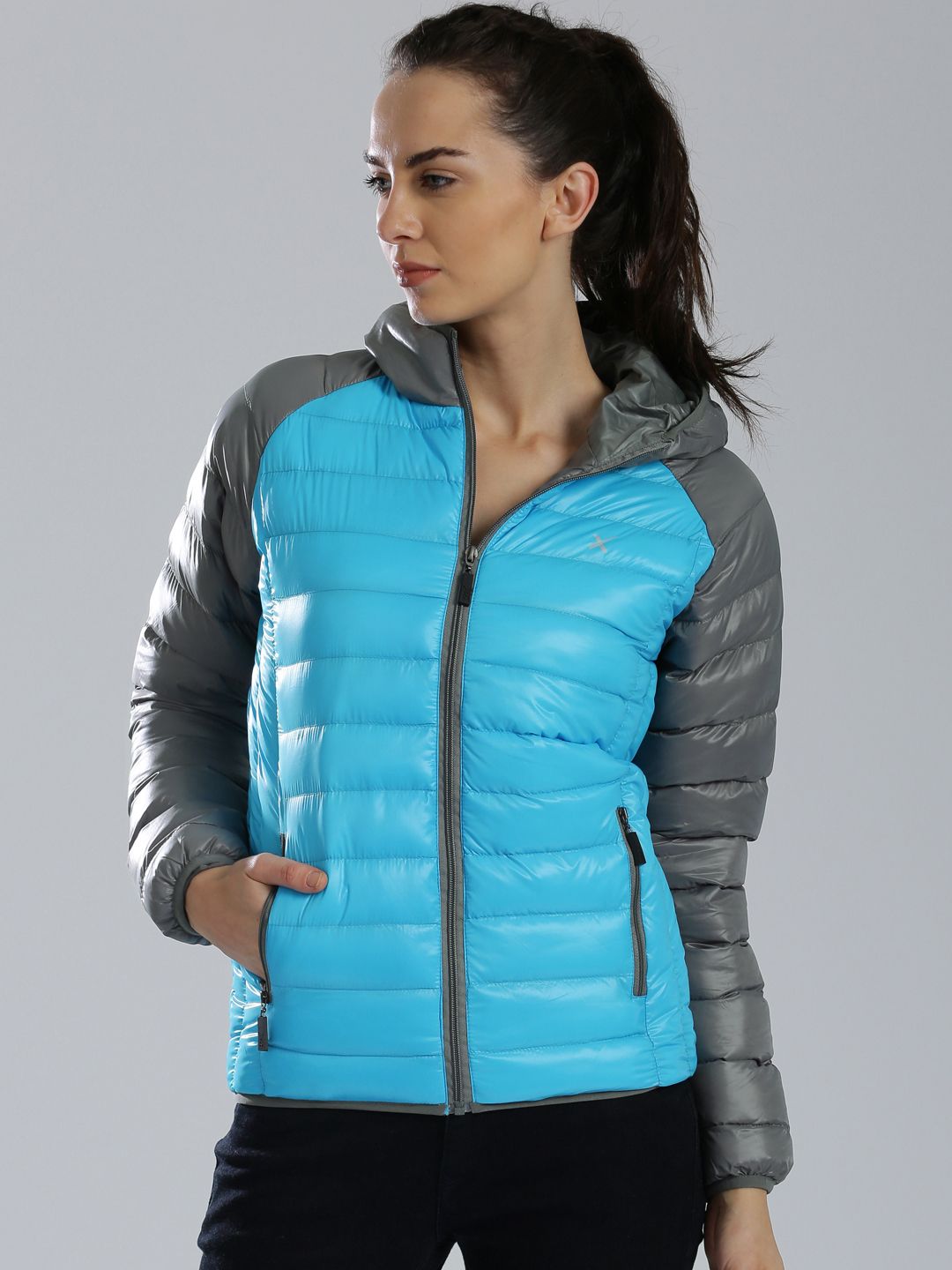 HRX by Hrithik Roshan Grey & Blue Hooded Puffer Jacket