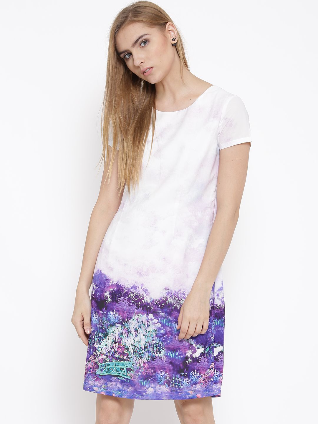 IZABEL LONDON by Pantaloons Women Off-White & Purple Printed A-Line Dress