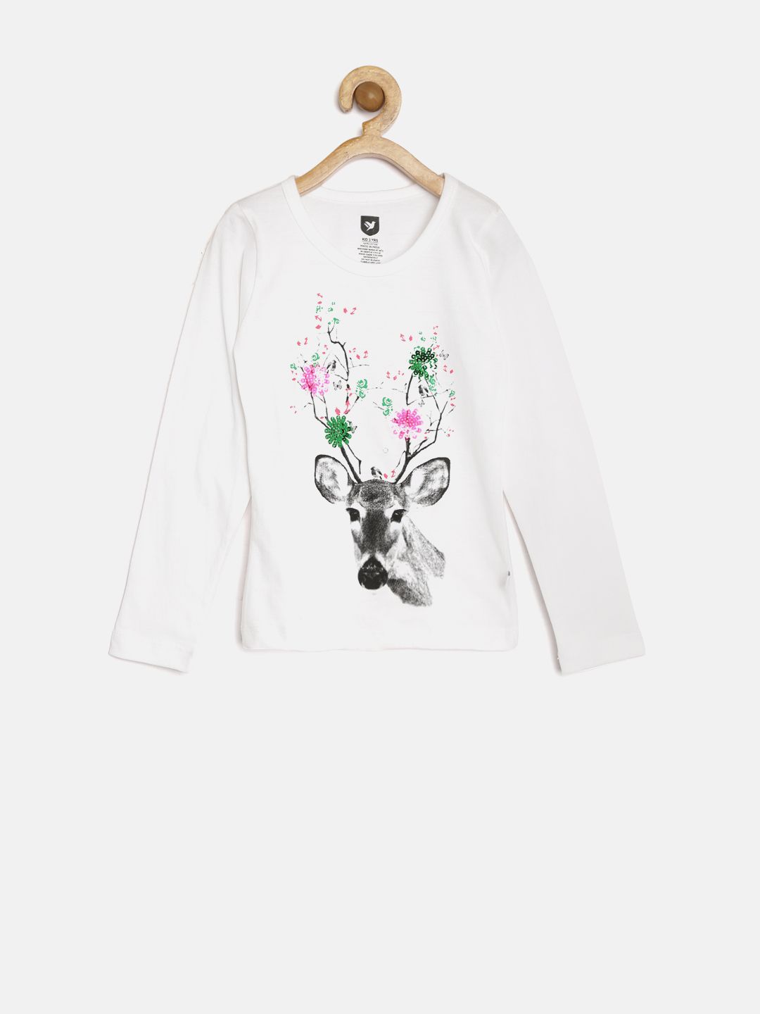 612 league Girls White Printed Round Neck Pure Cotton T-shirt