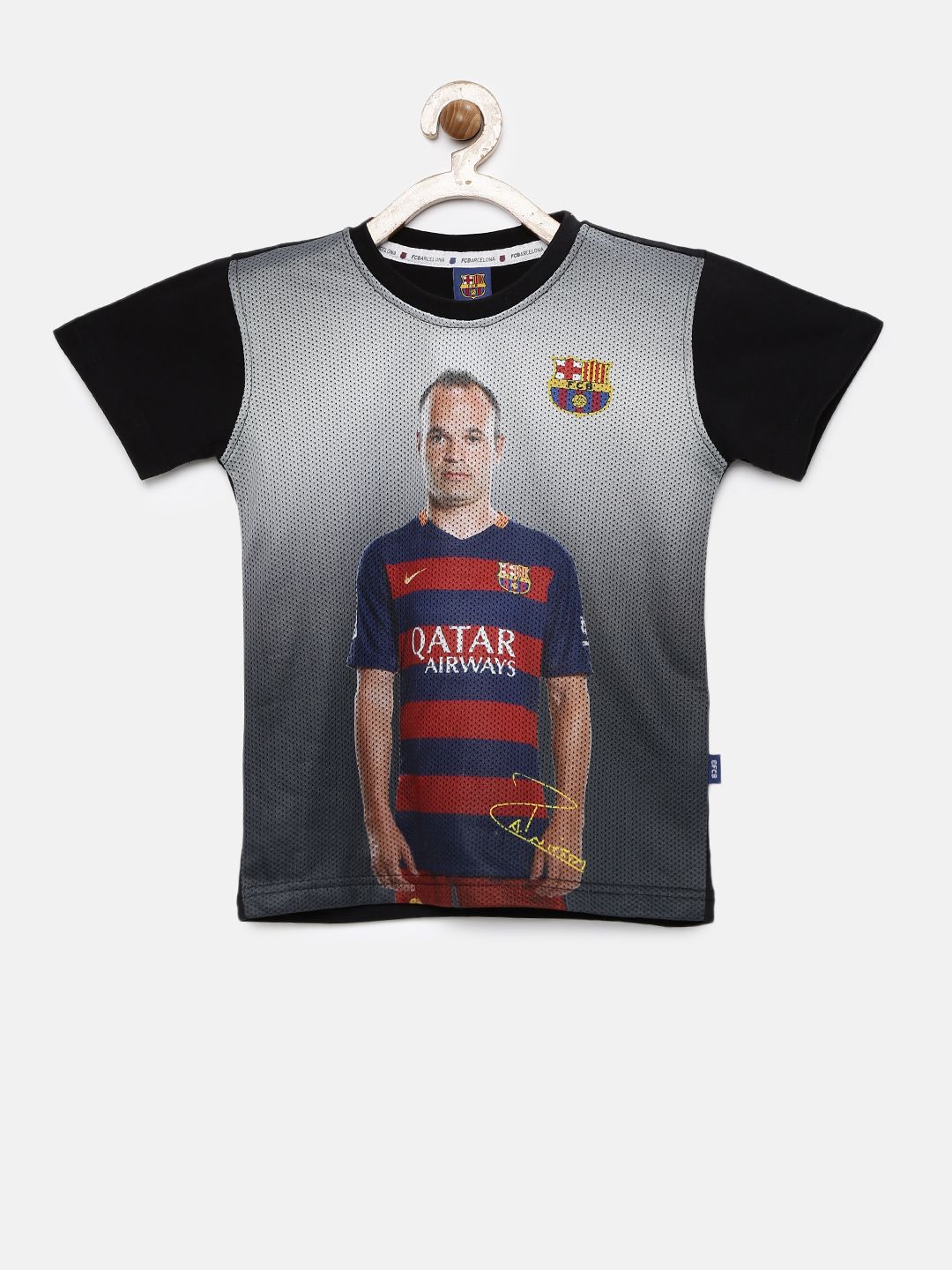 FC Barcelona Boys Grey  Black Printed Pure Cotton T-shirt