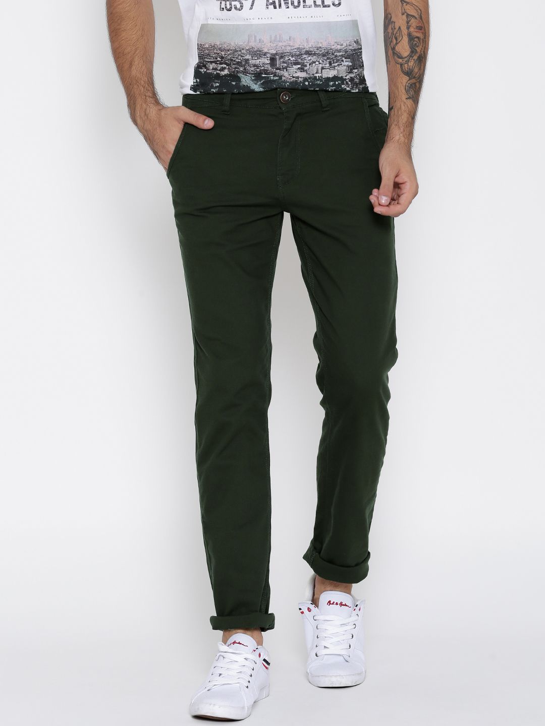 URBAN EAGLE by Pantaloons Men Olive Green Casual Trousers