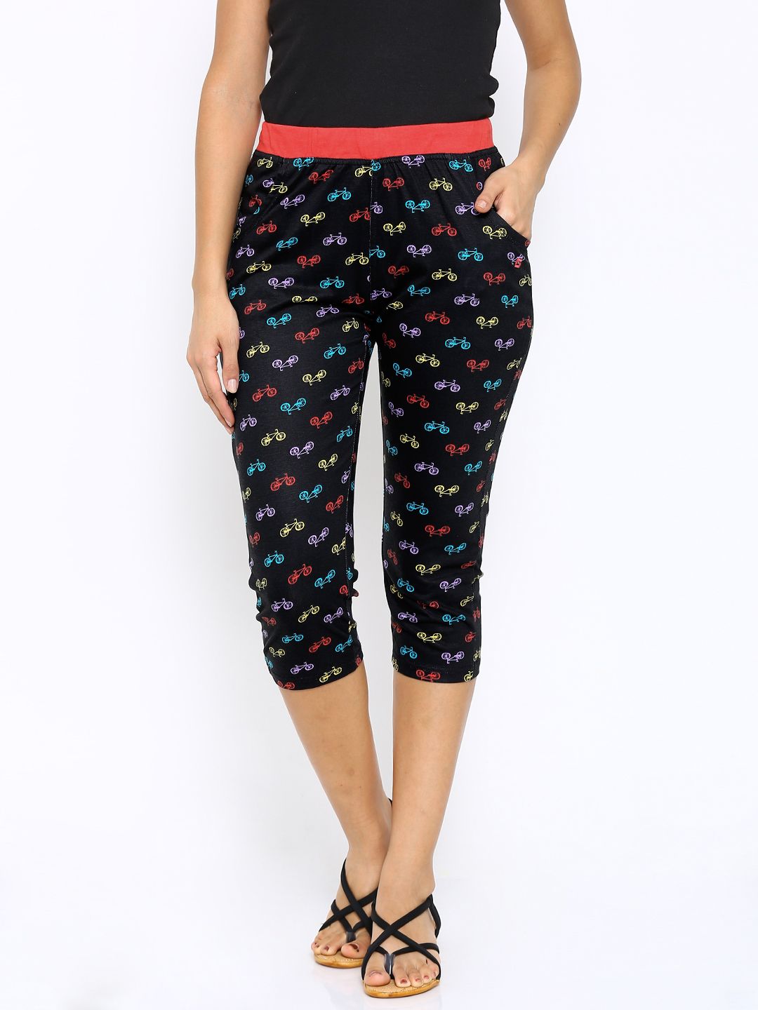 SDL by Sweet Dreams Black Printed Smart Fit Lounge Capris F-LLC-1181