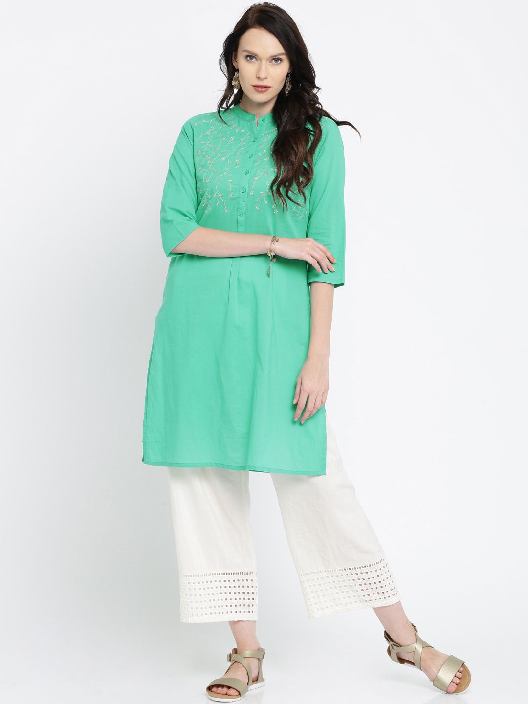 Anouk Women Sea Green Embroidered Straight Kurta