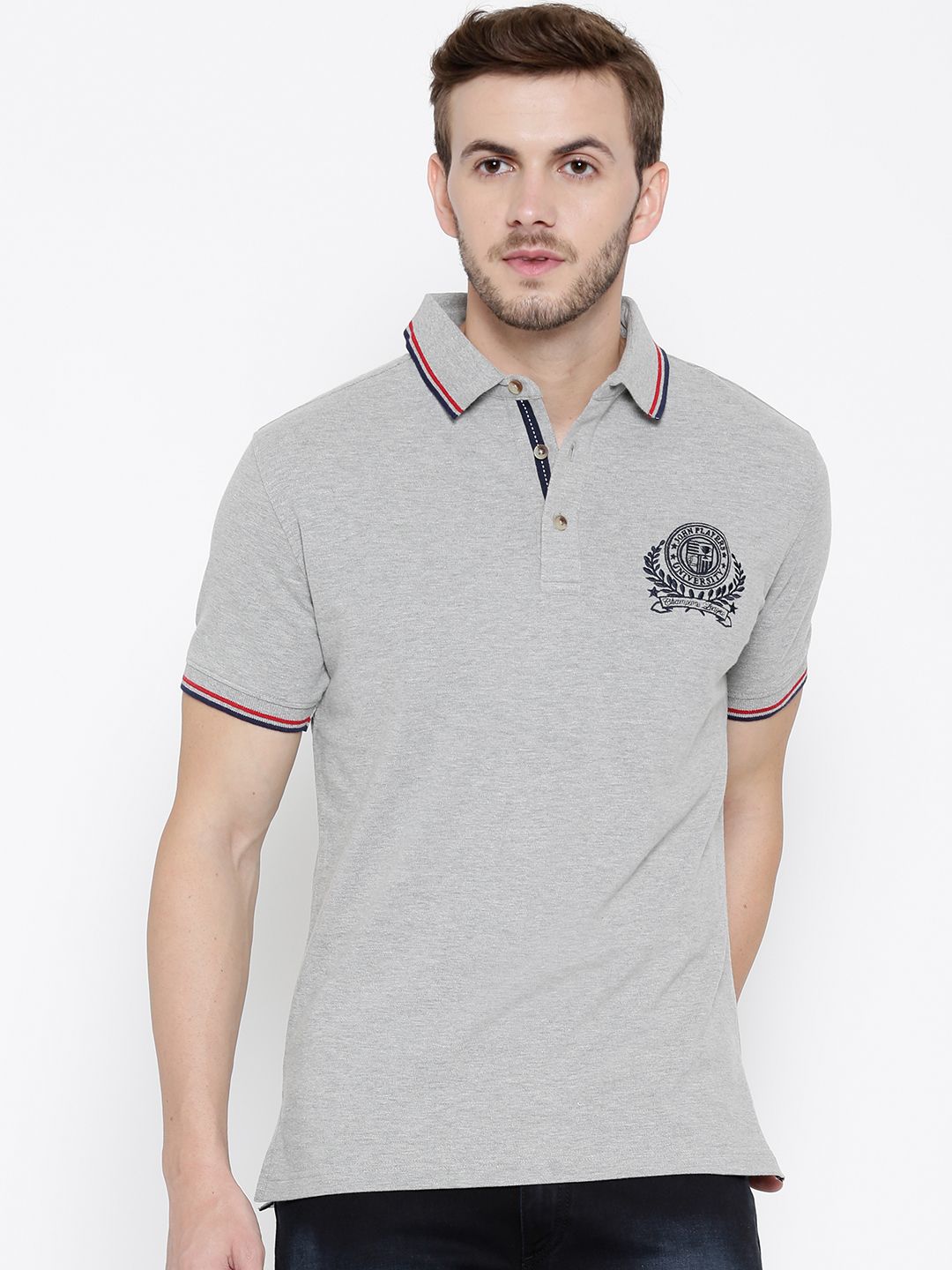 John Players Men Grey Melange Solid Polo T-shirt