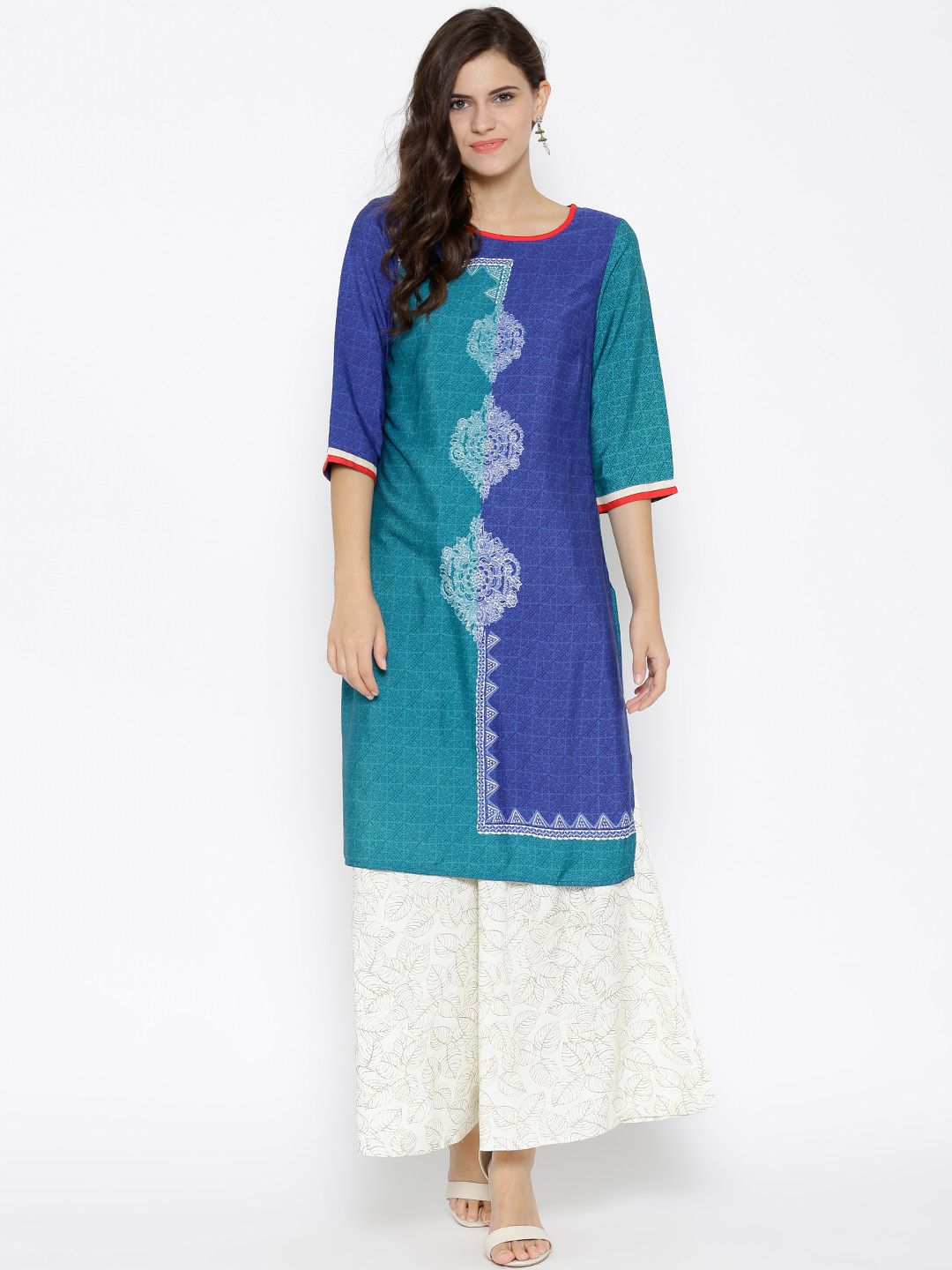 RANGMANCH BY PANTALOONS Women Green & Blue Printed Straight Kurta