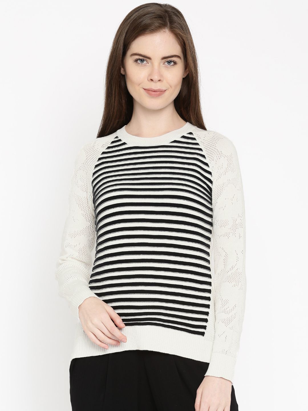 DressBerry Women White & Black Striped Sweater