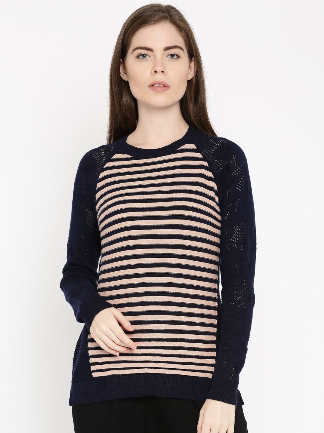 DressBerry Women Navy & Peach-Coloured Striped Sweater