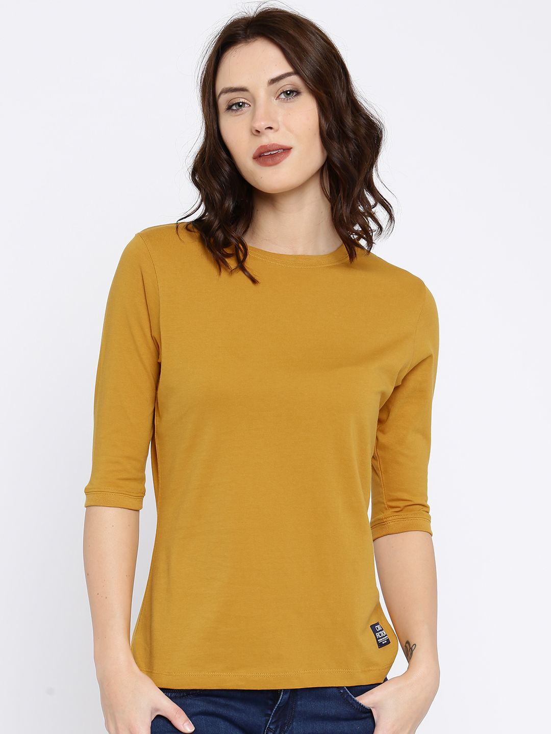CULT FICTION Women Mustard Yellow Solid Pure Cotton T-shirt