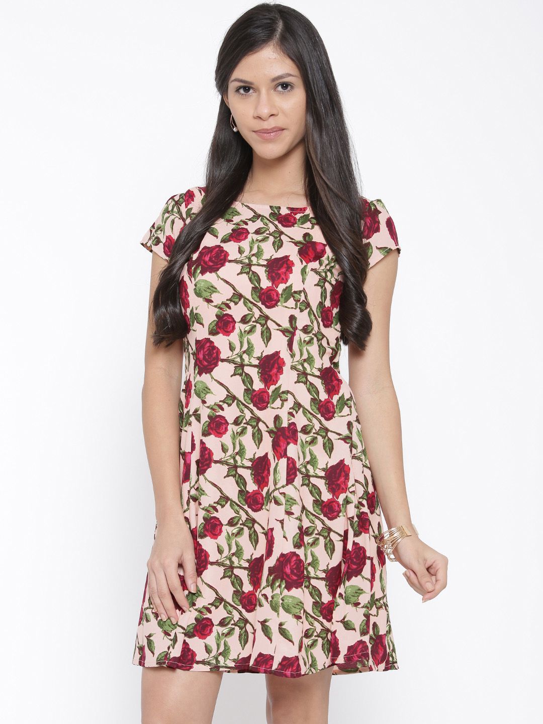 Honey by Pantaloons Women Peach-Coloured & Burgundy Printed Fit & Flare Dress
