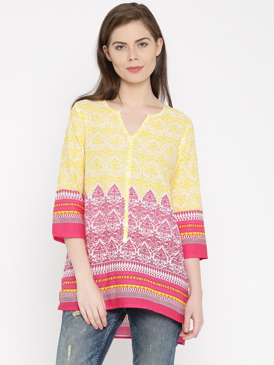 AKKRITI BY PANTALOONS Yellow & Magenta Printed Kurta