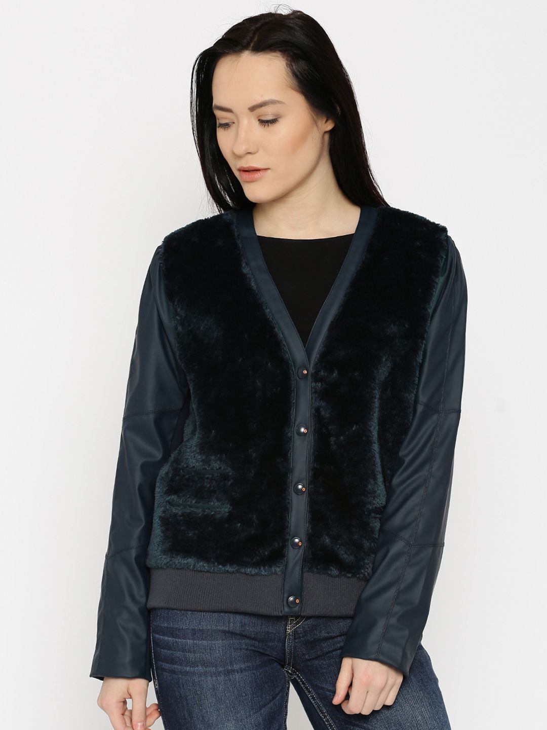 Mast & Harbour Navy Faux Fur Bomber Jacket