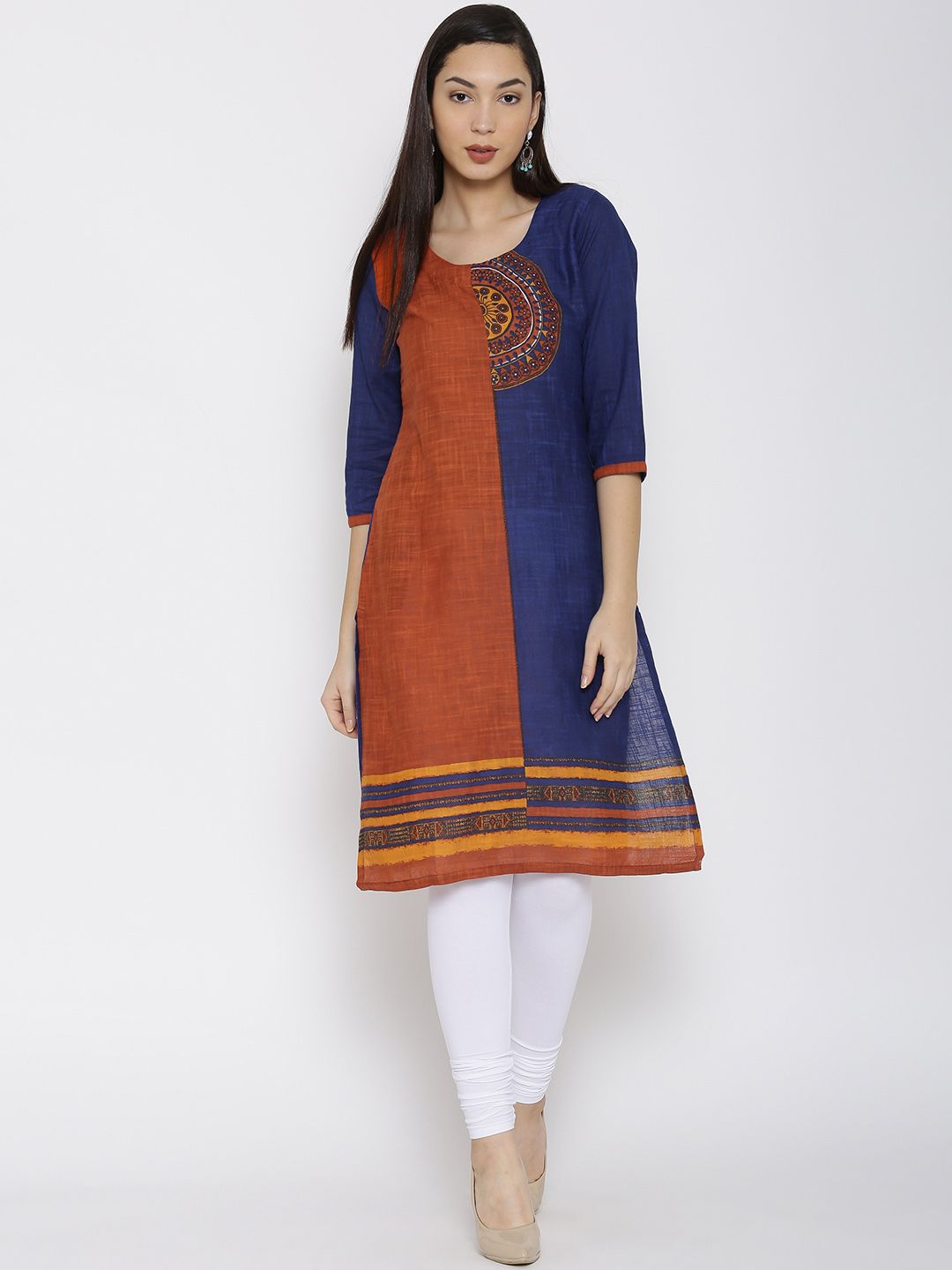 RANGMANCH BY PANTALOONS Women Rust Orange & Blue Colourblocked Straight Kurta
