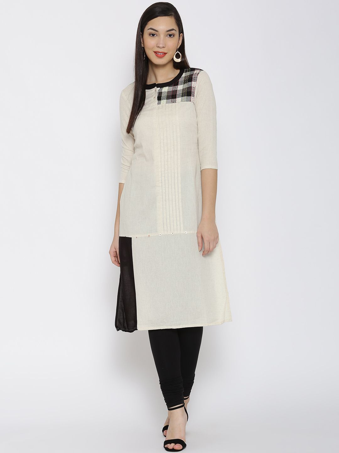 RANGMANCH BY PANTALOONS Women Off-White Colourblocked Straight Kurta