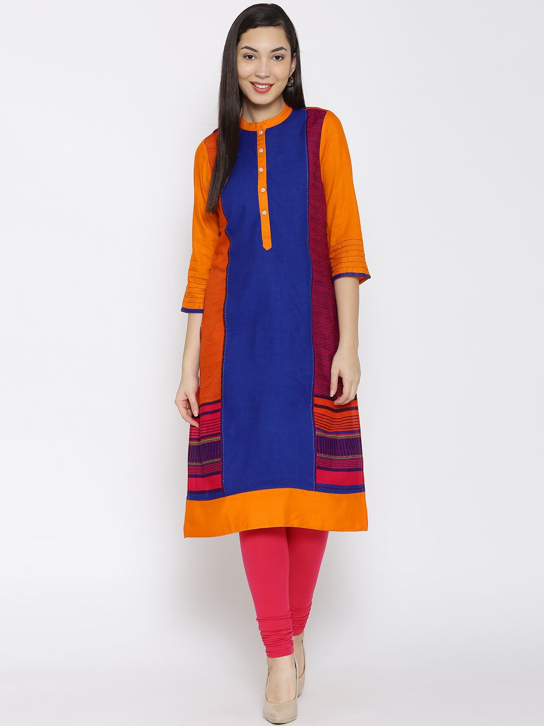 RANGMANCH BY PANTALOONS Women Blue & Orange Colourblocked Straight Kurta
