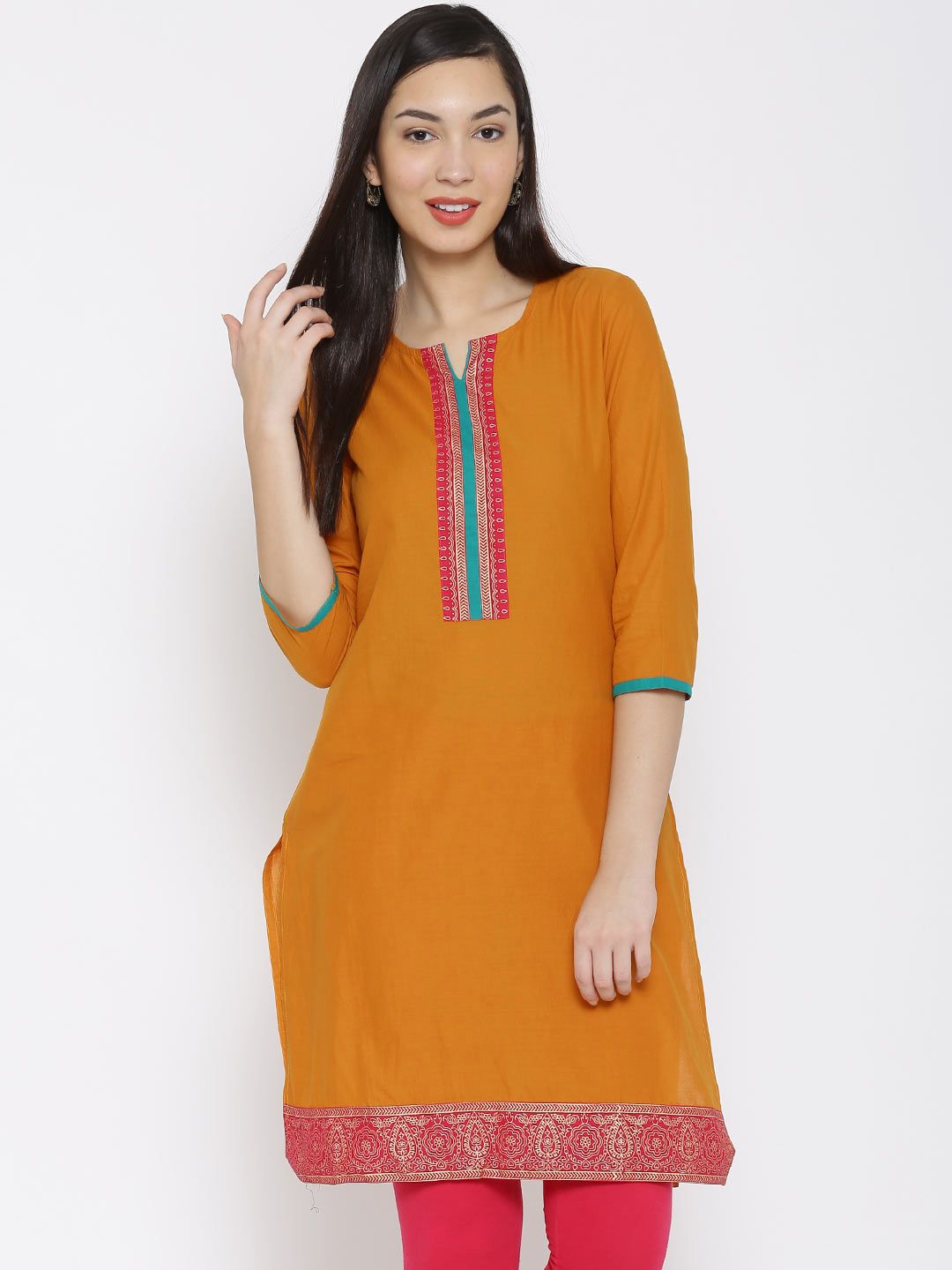 RANGMANCH BY PANTALOONS Women Mustard Yellow Solid Straight Kurta