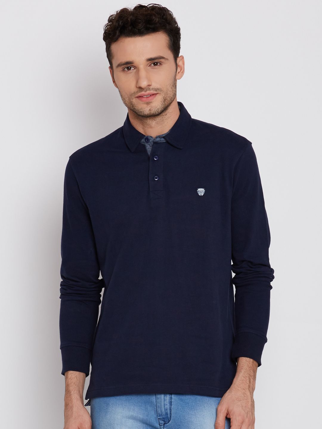 John Players Men Navy Solid Slim Polo Collar Pure Cotton T-shirt