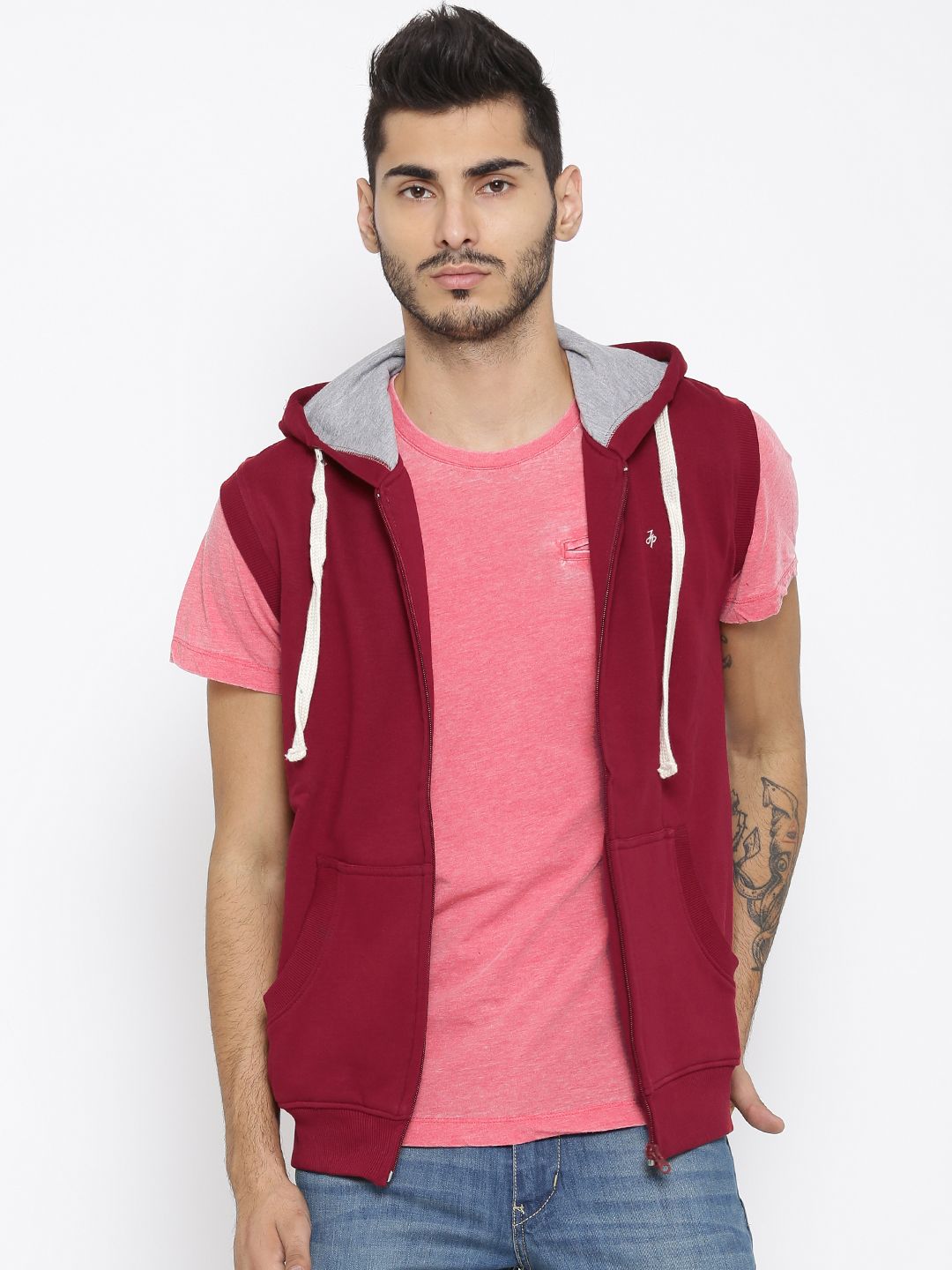 John Players Red Sleeveless Hooded Sweatshirt