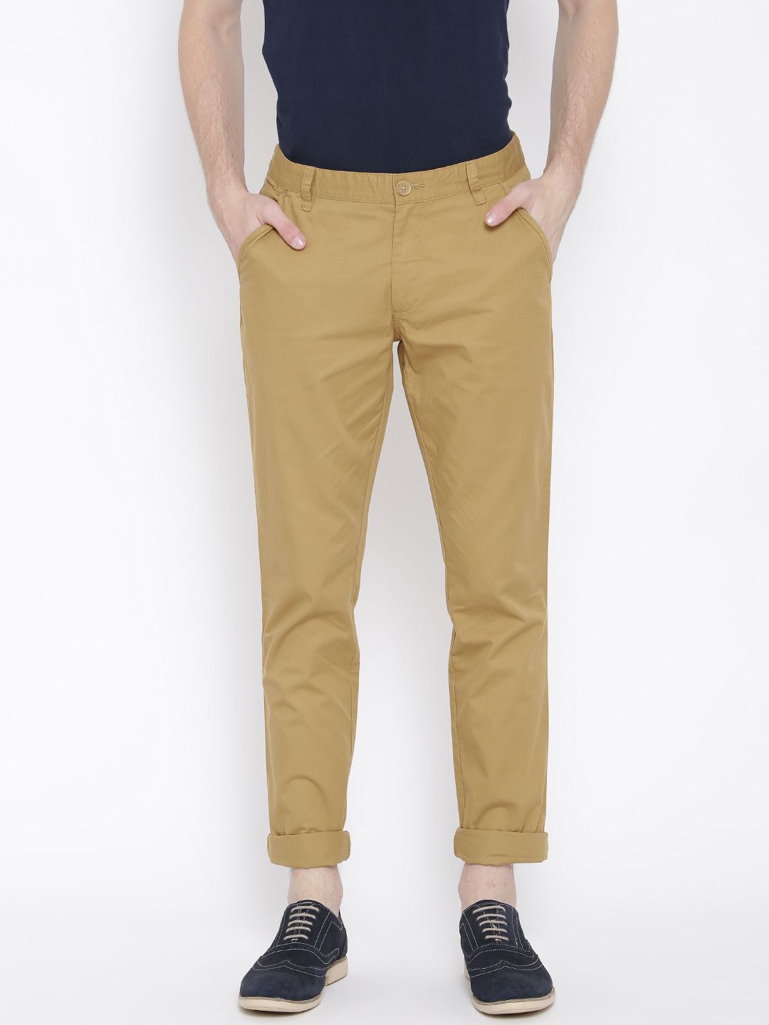John Players Men Khaki Solid Slim Chino Trousers