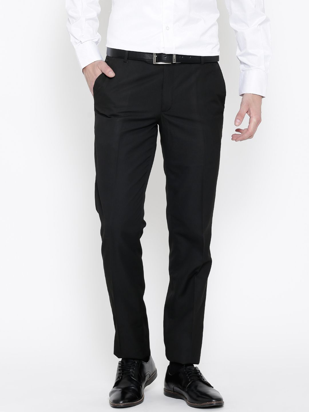 John Players Men Black Solid Slim Fit Flat-Front Formal Trousers
