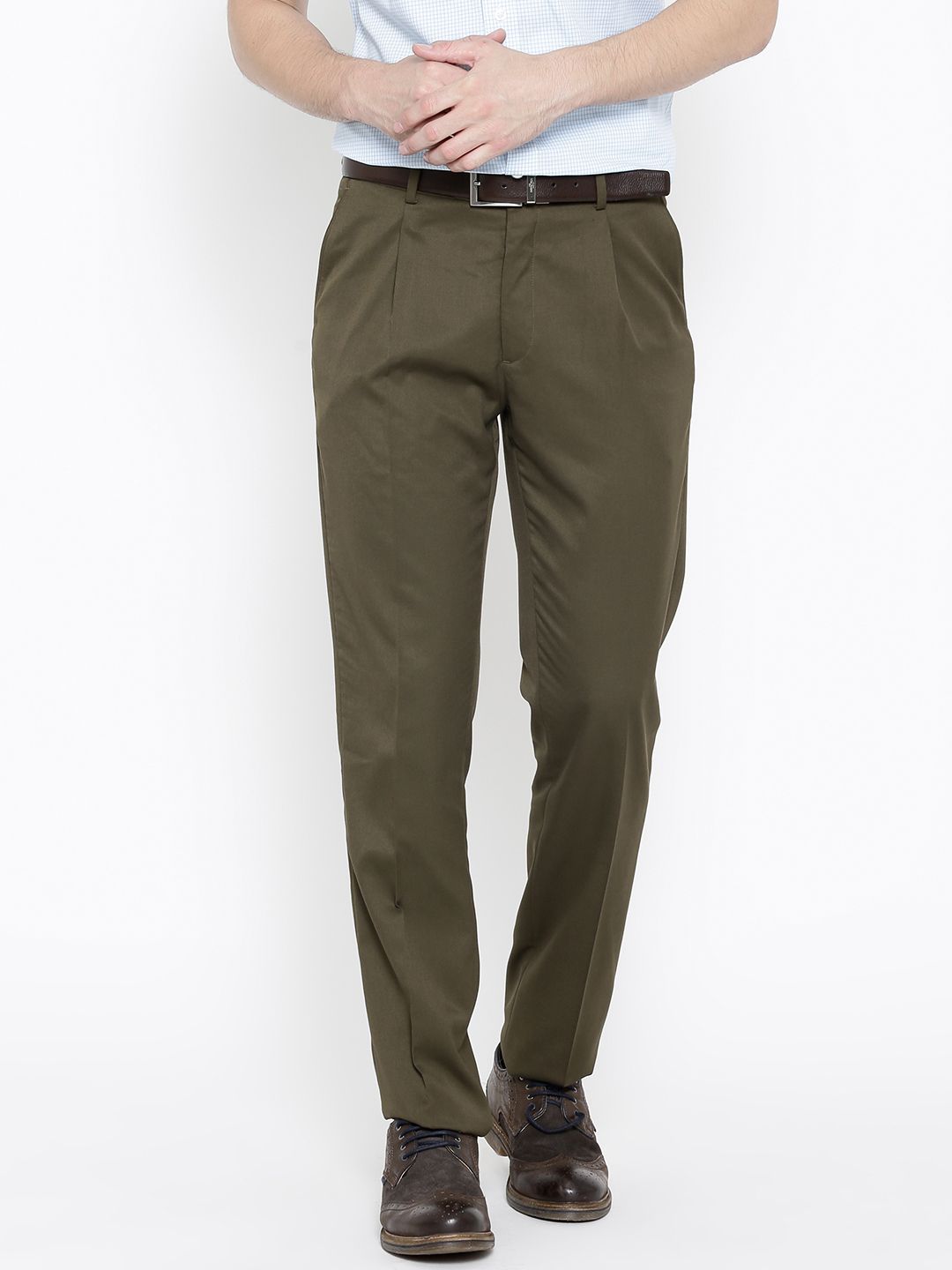 John Players Men Olive Solid Flat-Front Trousers